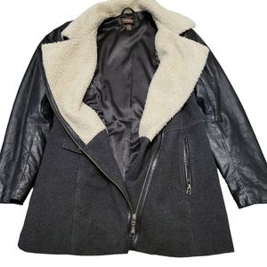 Danier Black Wool & Leather Mixed-Media Coat with Cream Shearling Collar
